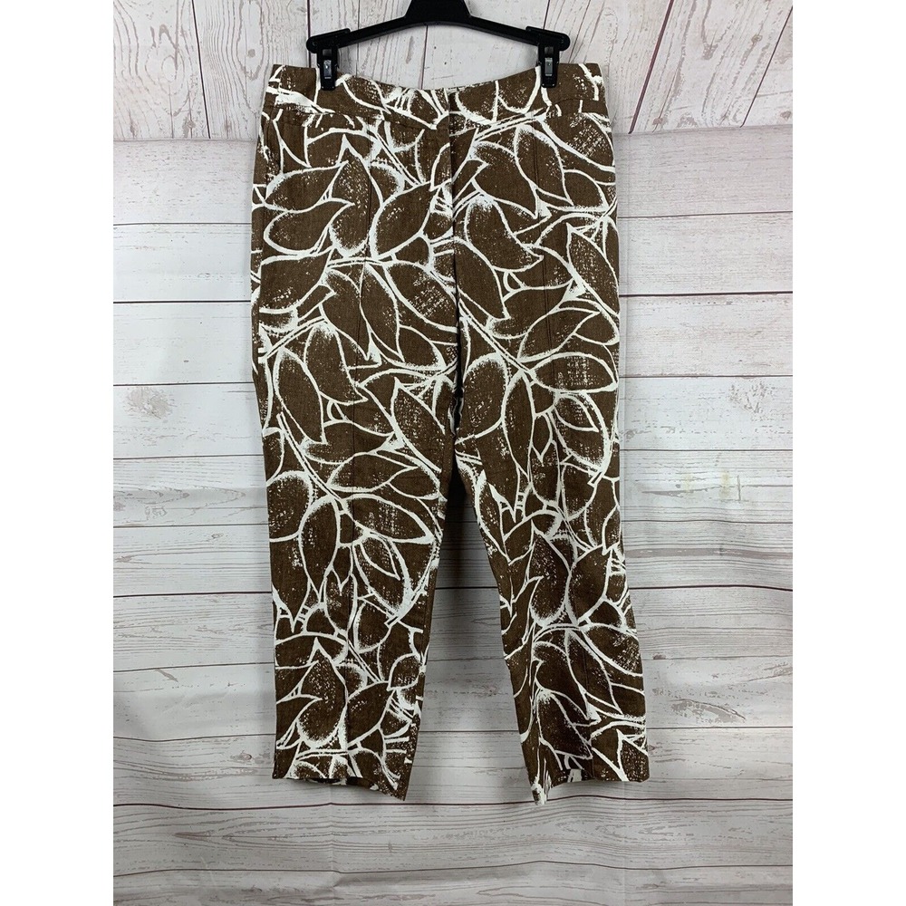 Rafaella Pants Womens 6 Brown White 100% Linen Leaf Print Straight Leg Trousers